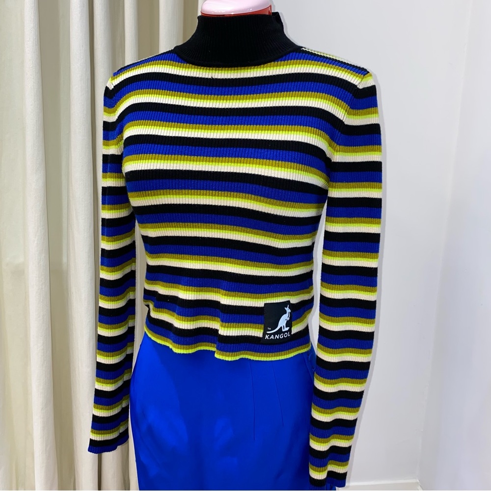 Kangol Black & Yellow Striped Ribbed Crop Top